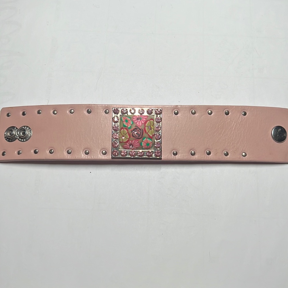 Upcylcles handmade polymer clay rhinestone and leather bracelet